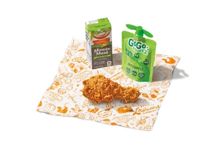 1Pc Leg Kid's Meal featuring a juicy fried chicken leg served with a side and a drink, ideal for kids craving a tasty meal.