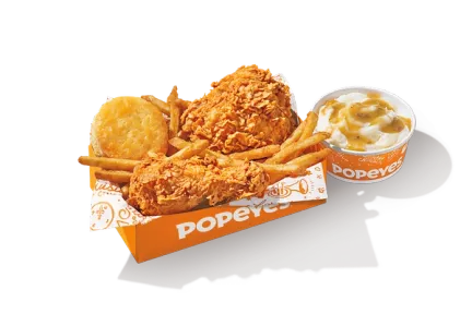 2Pc Big Box Signature Chicken Dark Meat meal from Popeyes with two crispy dark meat chicken pieces, two sides, and a fluffy biscuit.