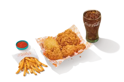 3Pc Signature Chicken meal featuring three pieces of crispy fried chicken, accompanied by a side and a flaky biscuit for a delicious experience.