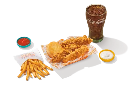 3Pc Tenders meal showcasing three crispy, hand-battered chicken tenders served with a side and your choice of dipping sauce.