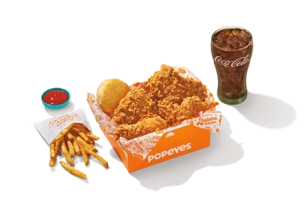 4Pc Signature Chicken meal showcasing four pieces of fried chicken, marinated in bold seasonings, served with a side and a warm biscuit.