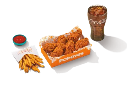 Six pieces of Popeyes spicy bone-in wings, crispy and flavorful.