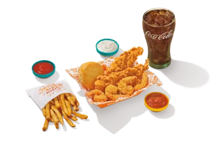 1/4 lb Popcorn Shrimp & 2 Tenders meal from Popeyes with crispy shrimp, two tenders, a side, and a fluffy biscuit.